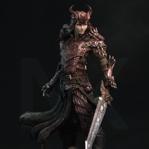 Aleehra fantasy female figure in horned armor holding a sword