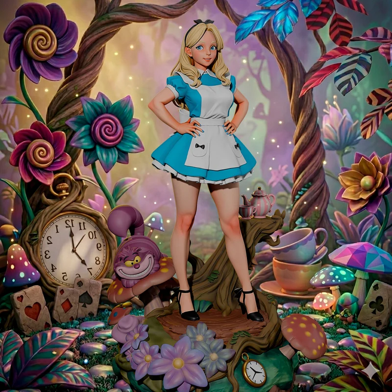 Alice in Wonderland figure in a blue dress surrounded by flowers and teacups