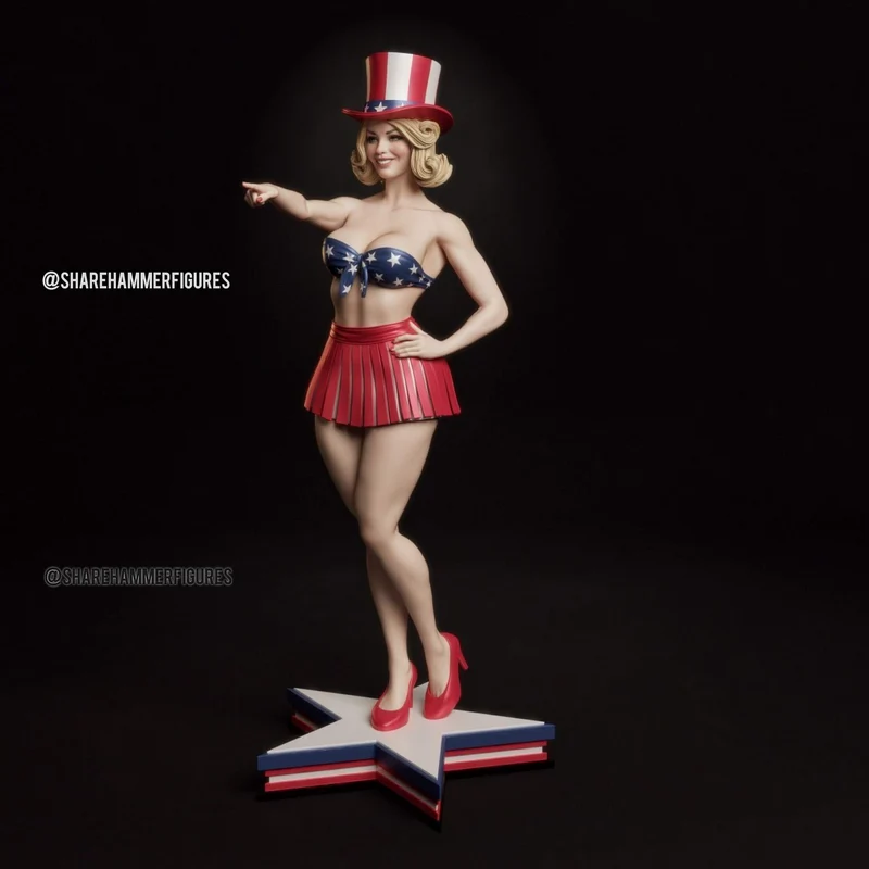 Patriotic pin-up woman figurine in a top hat on a star-shaped base
