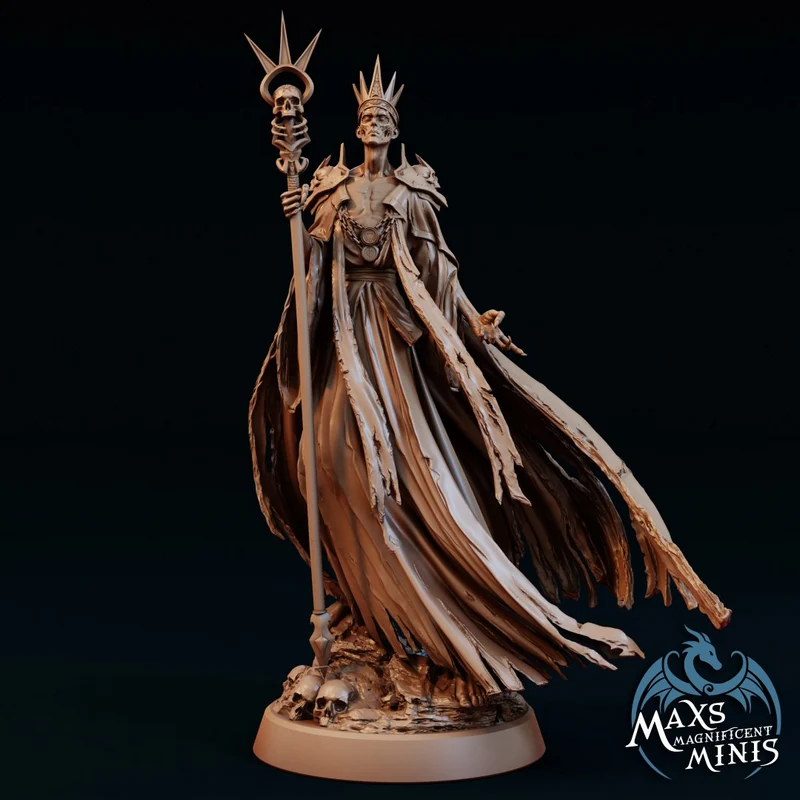 Anderoth fantasy character statue with crown, skeletal staff and flowing robes