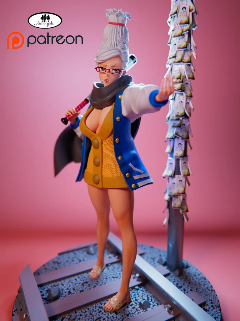 Seiko Ayase Dandadan 3D figure with glasses, scarf, baton, and blue coat