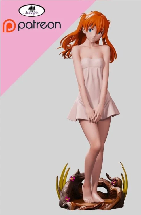 Asuka Langley statue in a pale dress with orange hair on an ornamental base