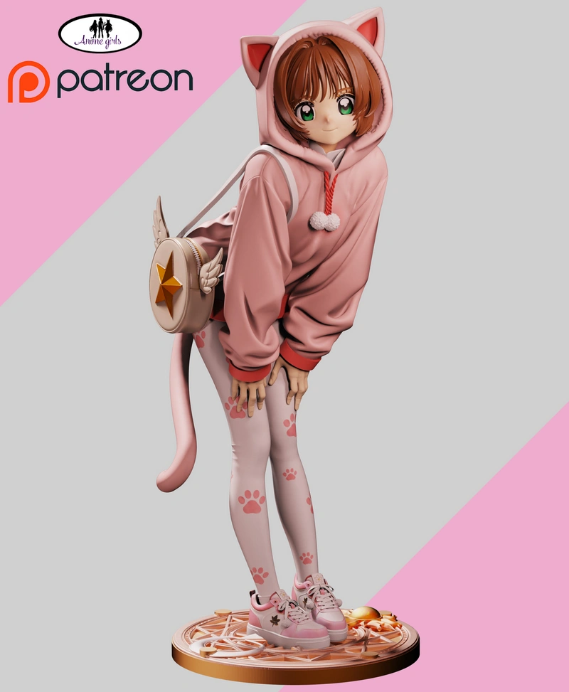 Sakura original anime cat girl figure in pink hoodie on a display base