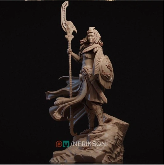 Ankhira fantasy warrior statue with staff, shield, flowing garments, and rocky base