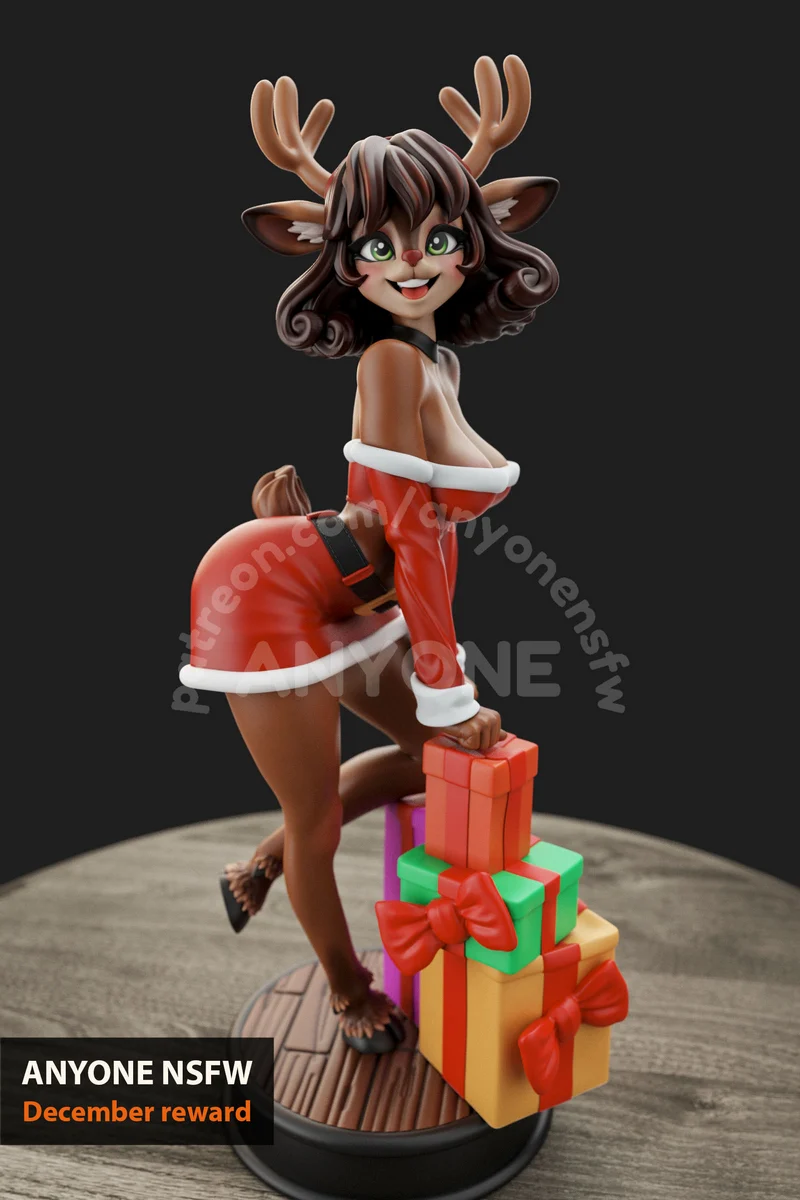Christmas deer character in a Santa outfit standing beside wrapped Christmas gifts