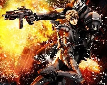 Appleseed EX Machina character pair in armored science-fiction action pose