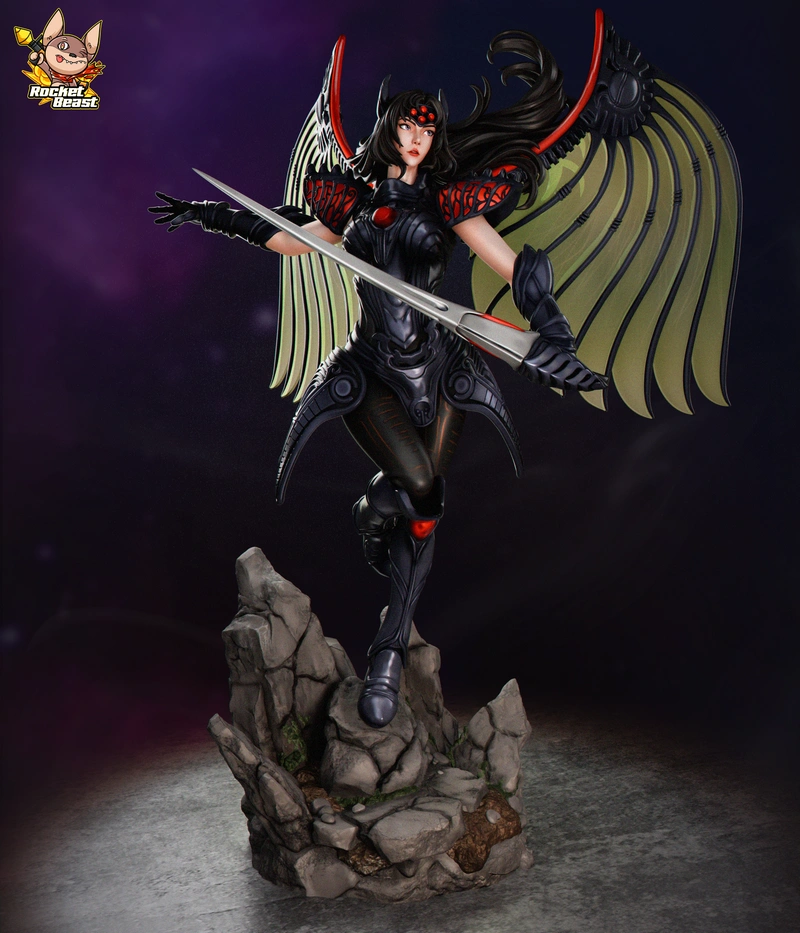 Rose Dragoon in black winged armor with a sword on a rocky base