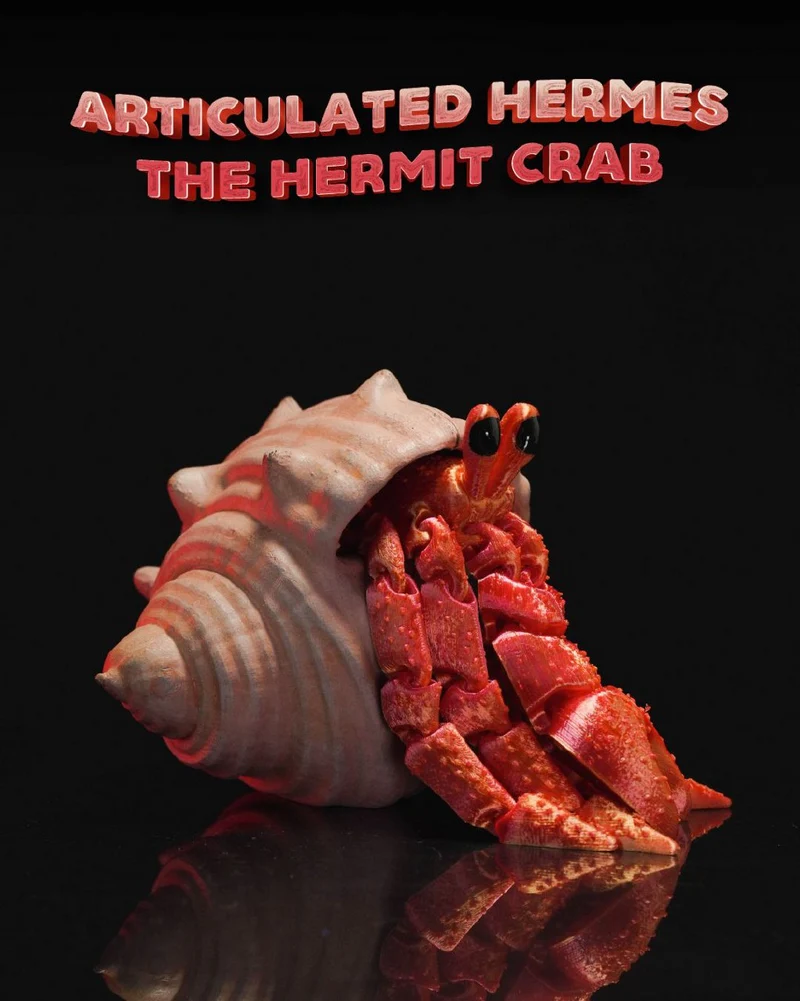 Articulated red Hermes the Hermit Crab with a large ridged shell