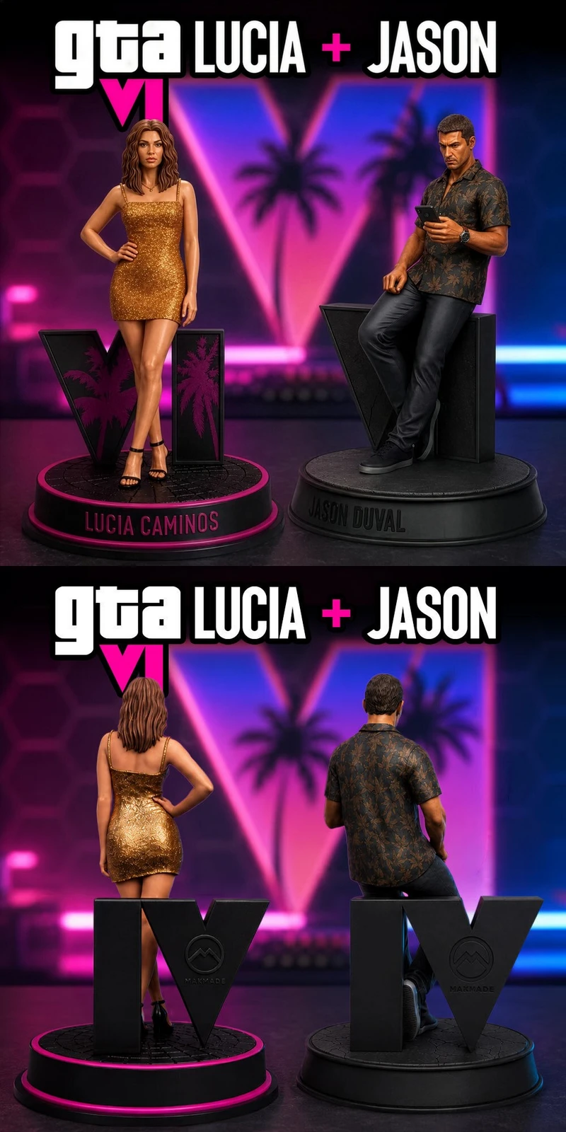 Lucia and Jason GTA VI character statues on separate display bases