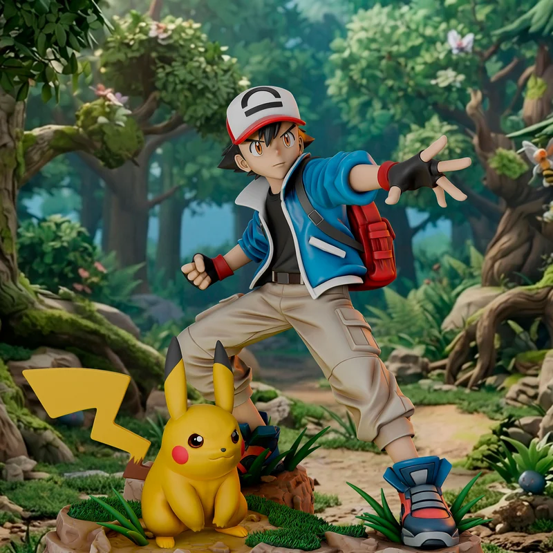Ash and Pikachu Pokémon character display model on a forest-themed base