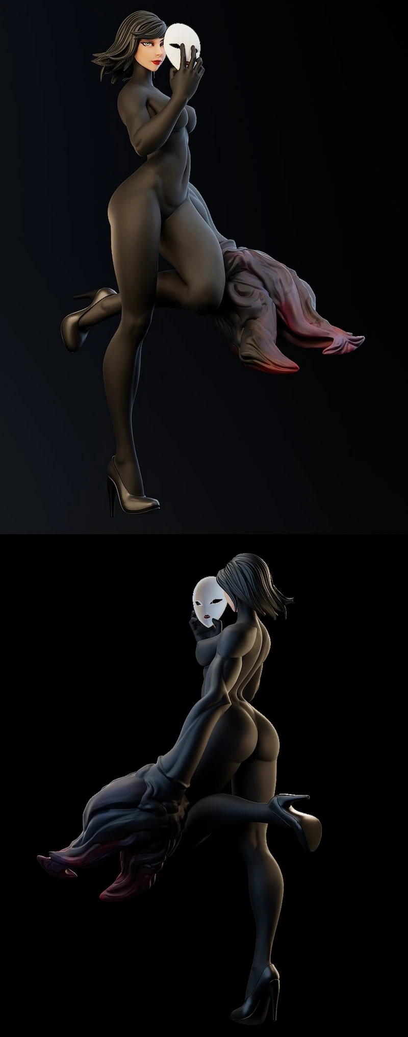 Ashi from Samurai Jack holding a white mask with a flowing creature-like form