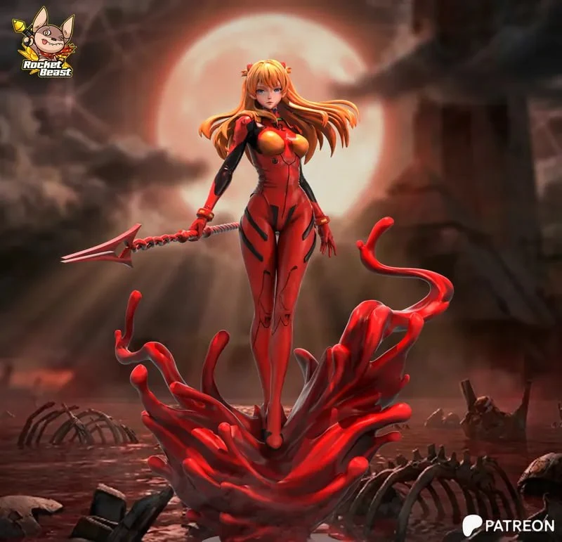 Asuka Langley in a red plugsuit holding a spear on a sculpted splash base