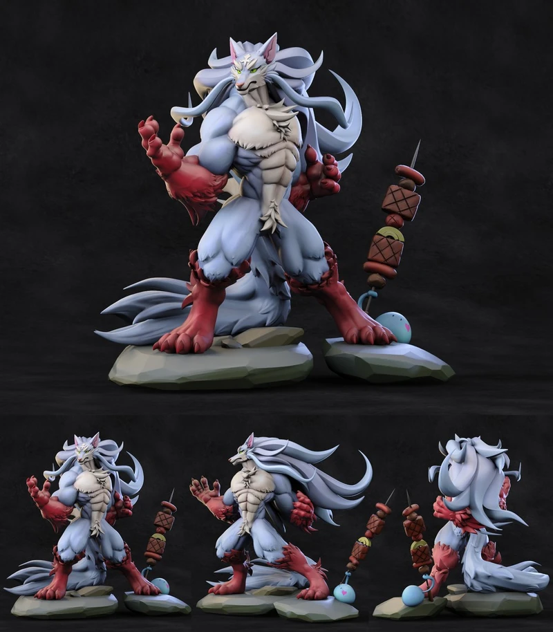 Anthro Fenrir anthropomorphic wolf figure with flowing tails on a rocky base