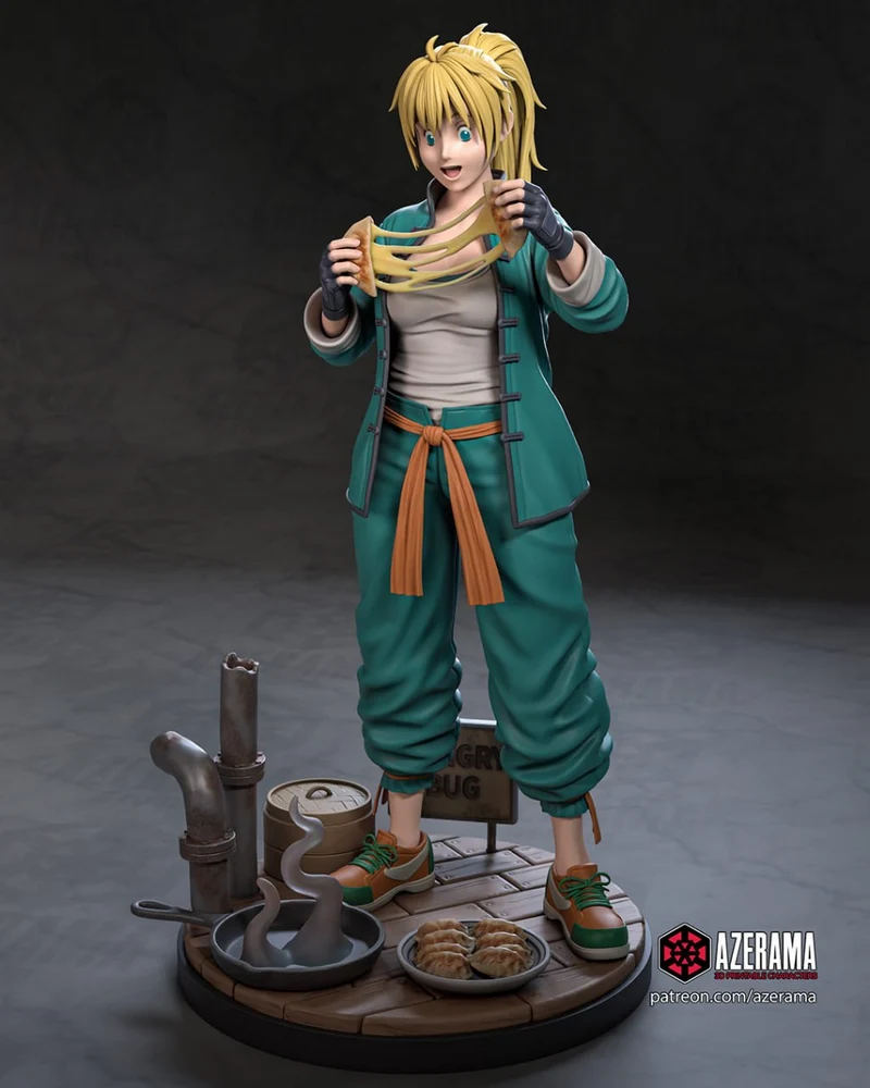 Nikaido from Dorohedoro standing in a teal outfit on a cooking-themed display base