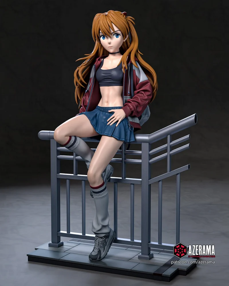 Asuka Langley Evangelion anime figure seated on a metal rail display