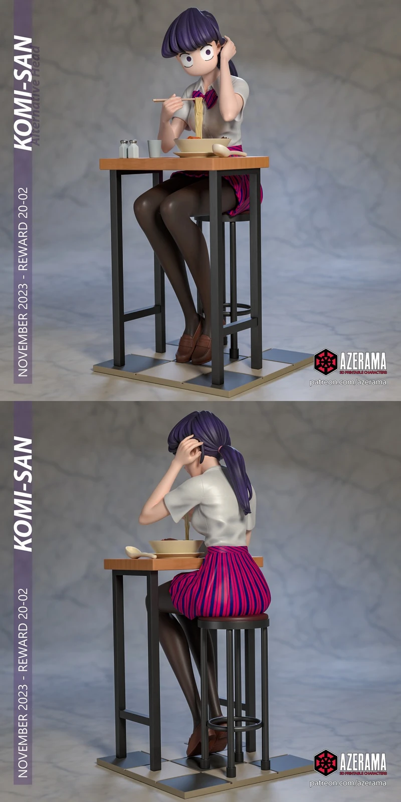 Komi Shouko seated at a school table eating lunch with chopsticks