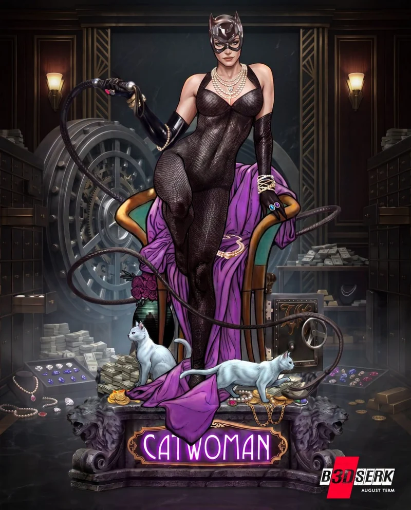 Catwoman character sculpture in a black catsuit with whip, cats, and purple-draped chair
