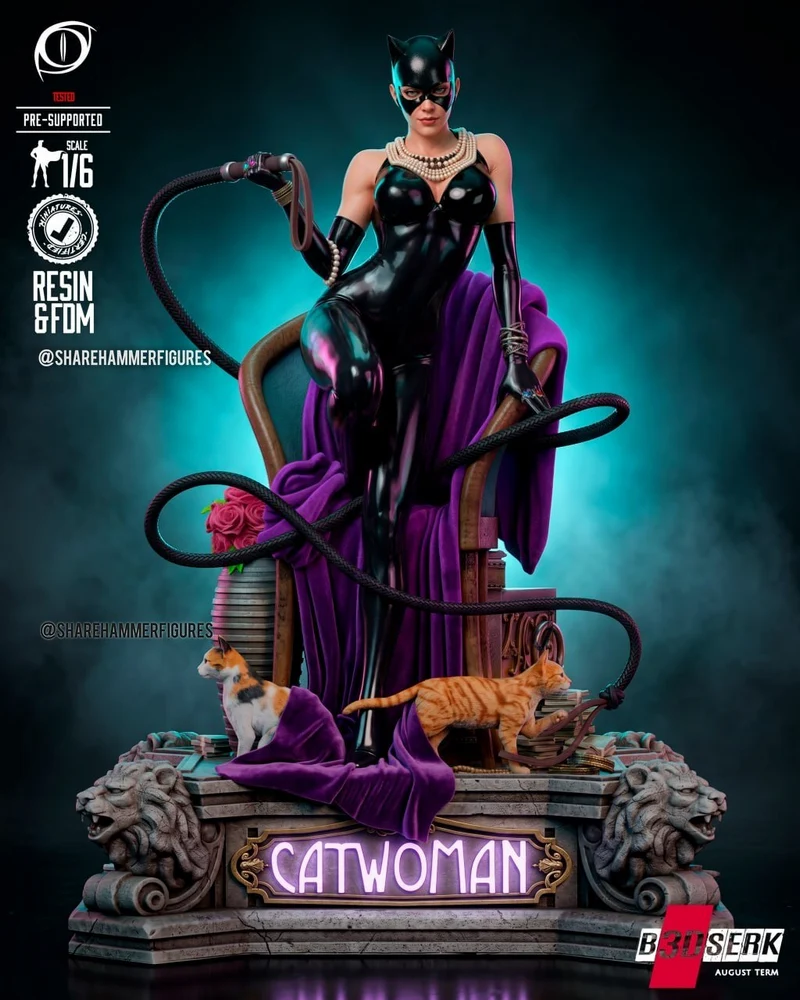 Catwoman DC Comics seated 3D statue in a black catsuit with whip, cats, and ornate base