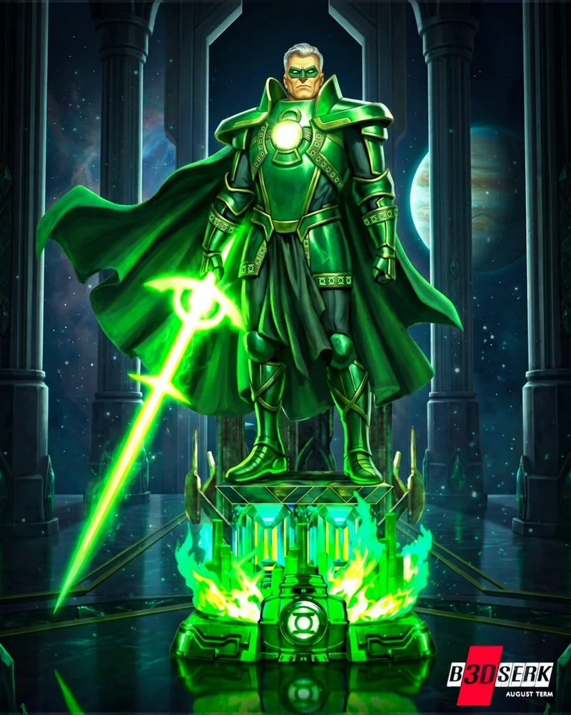 Alan Scott Green Lantern statue in green armor with cape, sword, and pedestal