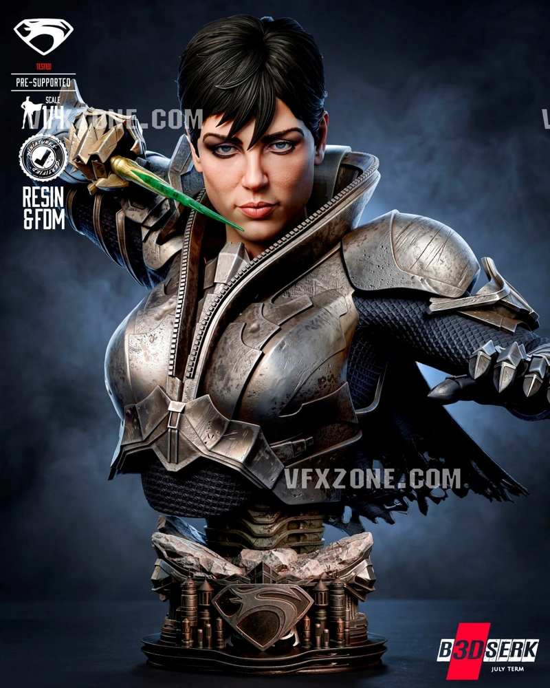 Faora-Ul DC Comics bust with armor, Superman emblem, and display base