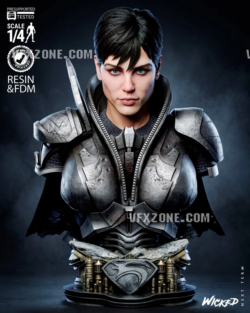 Faora-Ul portrait bust in futuristic armor with a Superman emblem