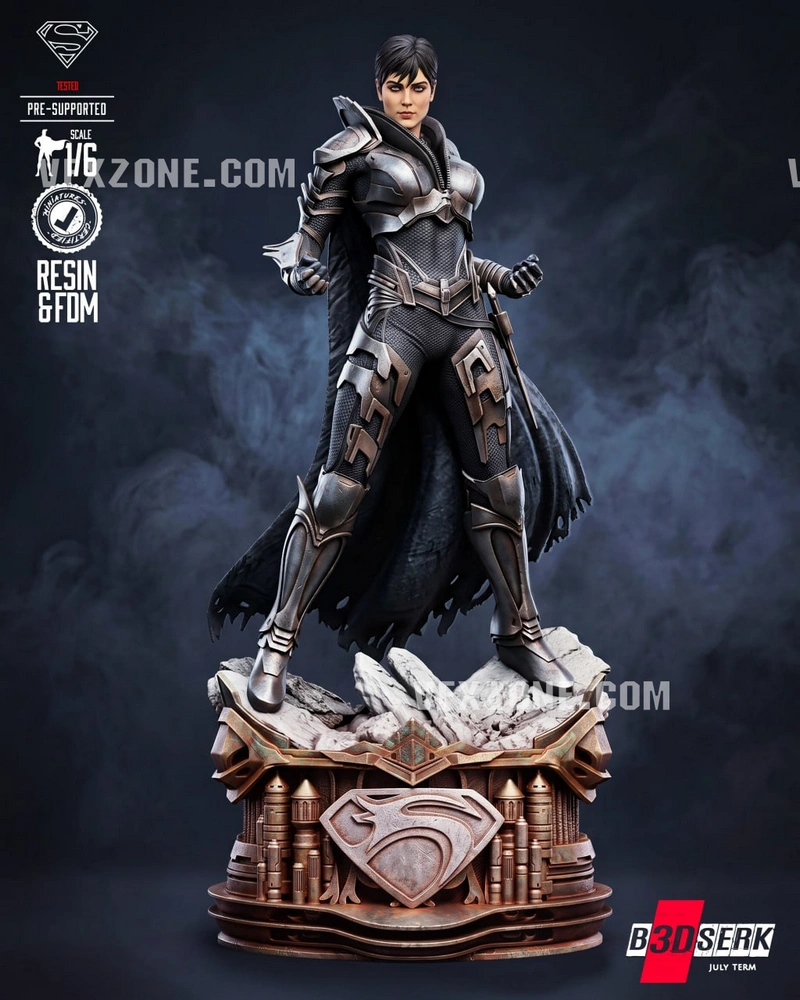 Faora-Ul DC Comics character sculpture in armor with cape on a Superman-emblem base