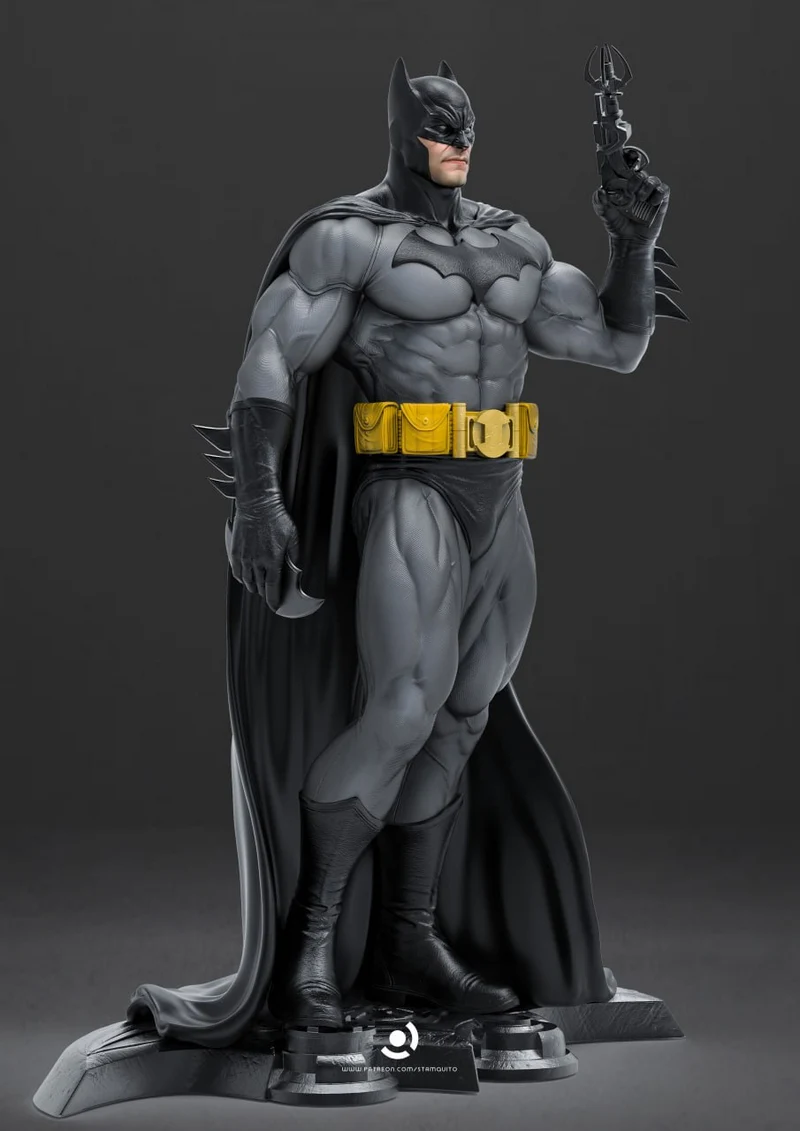 Full-body Batman statue with a dark suit, yellow utility belt, cape, and raised gadget