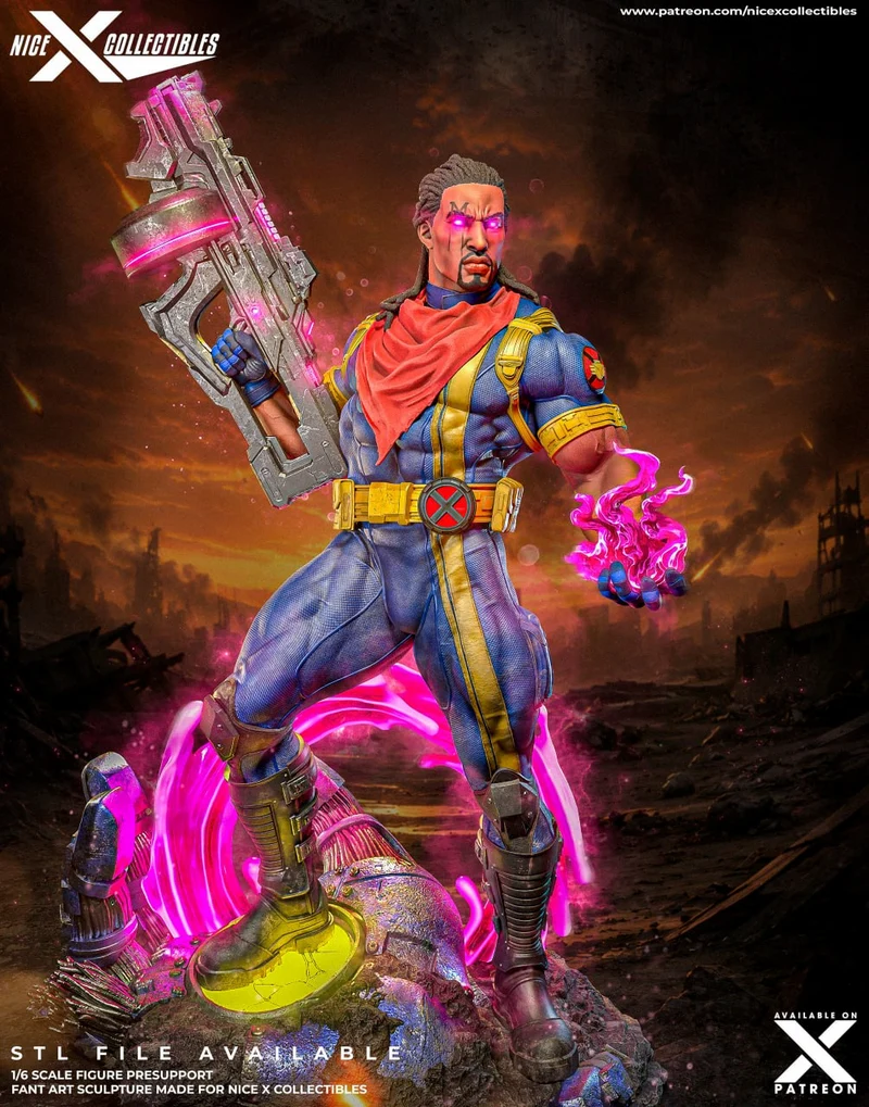 Marvel Bishop fan art figure with a futuristic weapon, glowing magenta energy, blue-and-yellow uniform, and rocky display base.