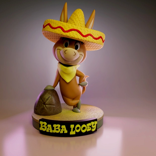 Baba Looey figurine in a sombrero beside a rock on a labeled display base