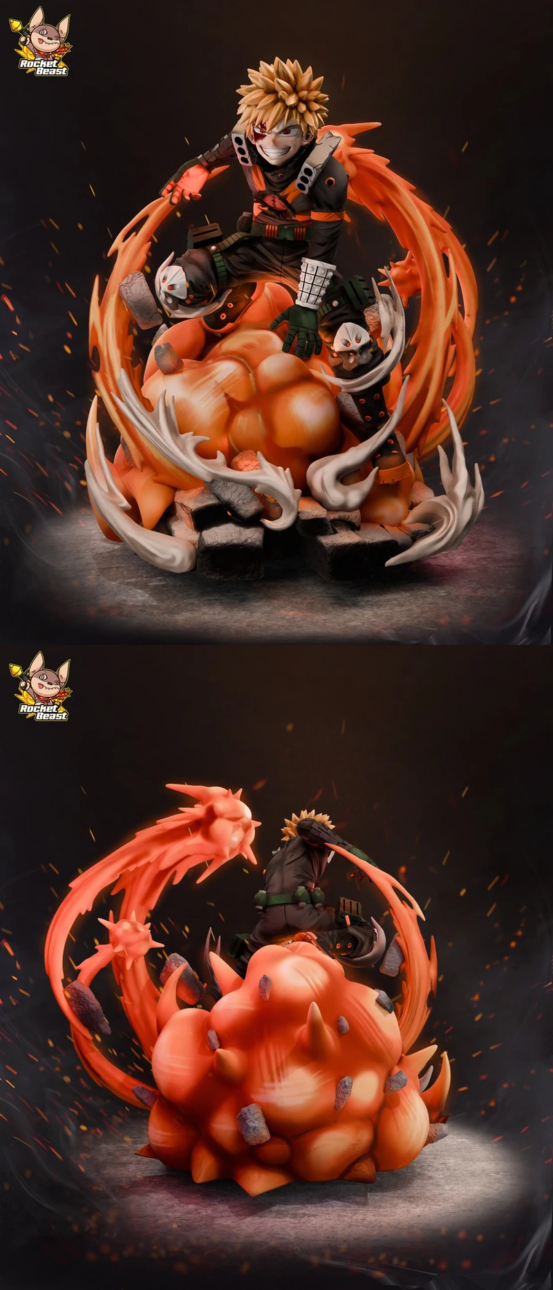 Katsuki Bakugo fan-art statue with orange explosive effects and a rocky display base