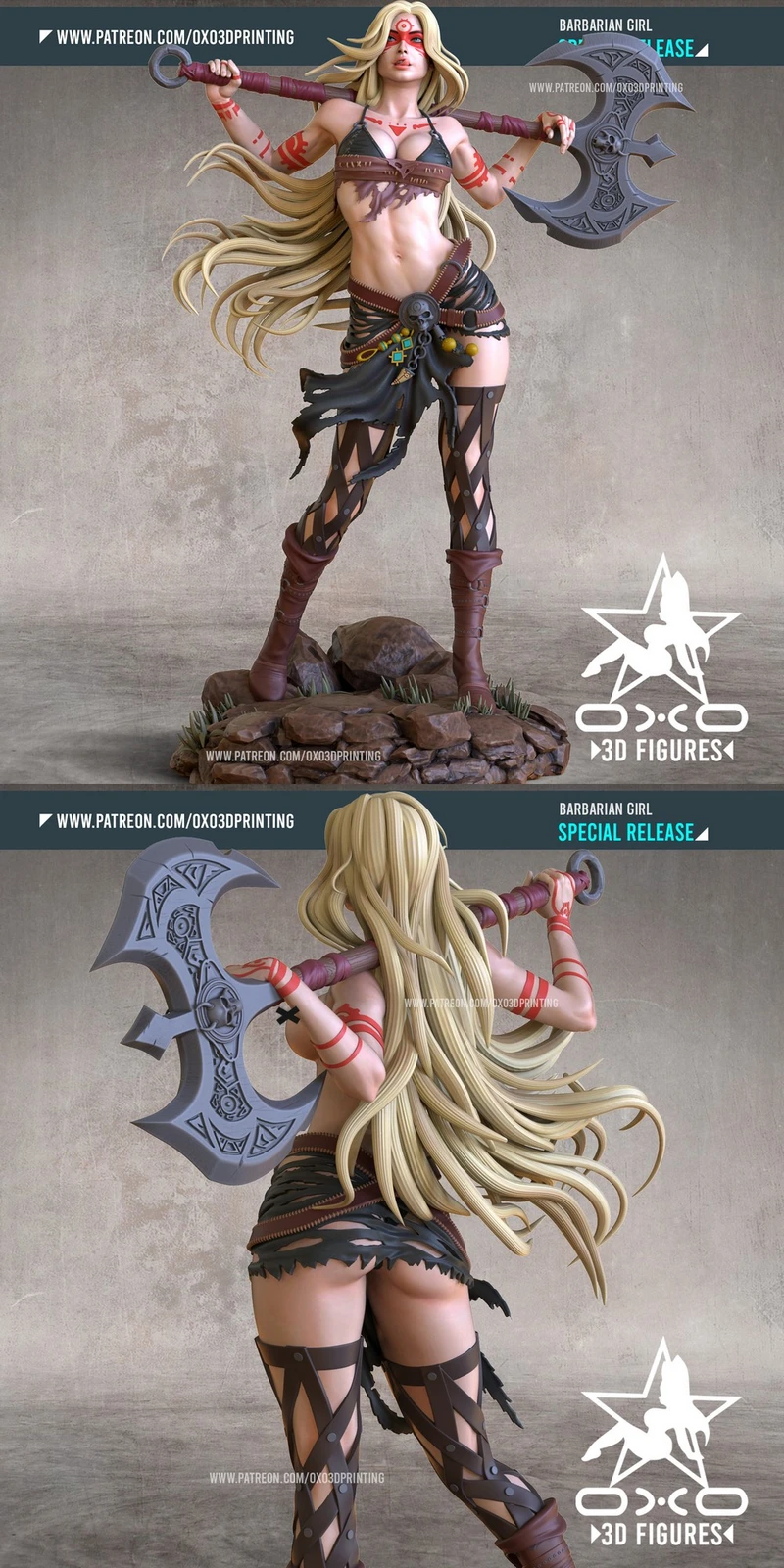 Original barbarian woman 3D figure with a large axe, long hair, detailed costume, and rocky base