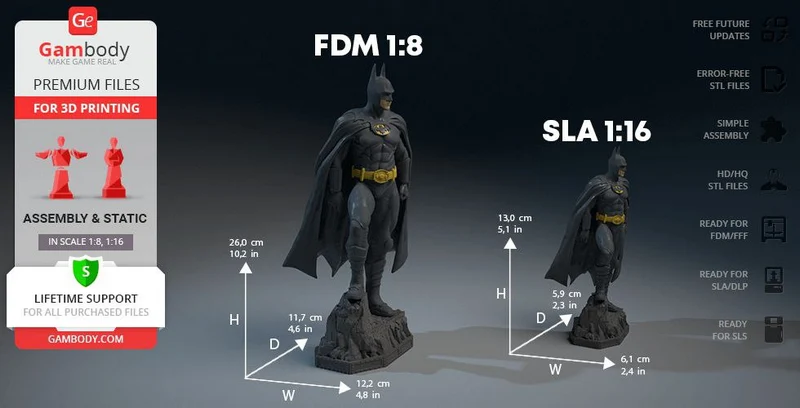Batman 1989 3D printable statue with cape, armor, utility belt, and rocky base