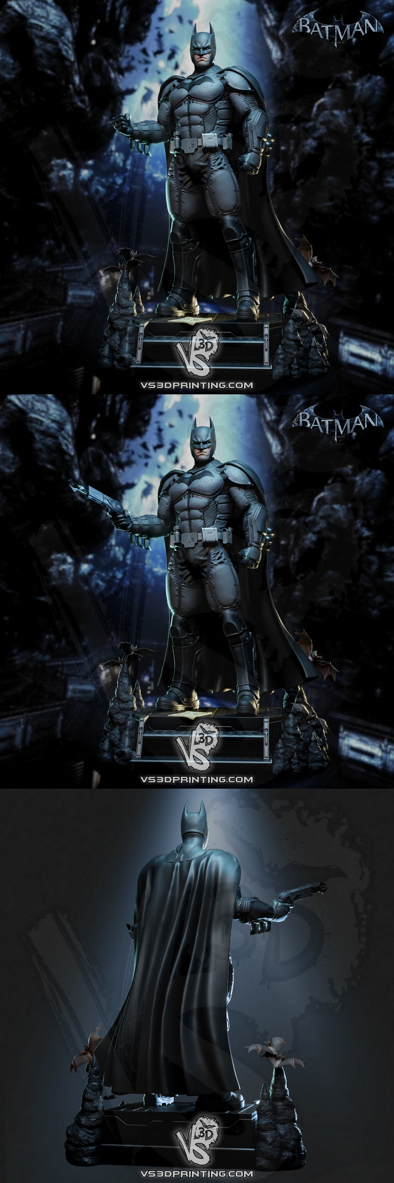 Armored Batman Arkham Origins statue with cape, utility belt and rocky display base
