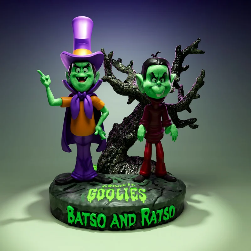 Batso and Ratso green original character figurine on a base with a twisted tree