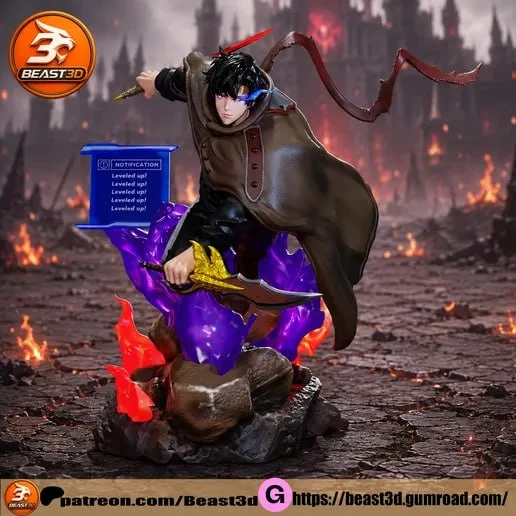 Sung Jinwoo Solo Leveling fan art statue with purple effects
