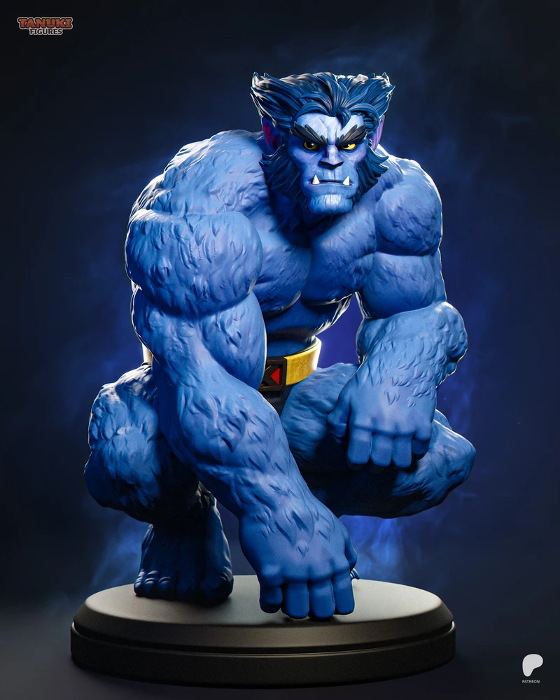 Blue-furred Beast from X-Men crouching on a round display base