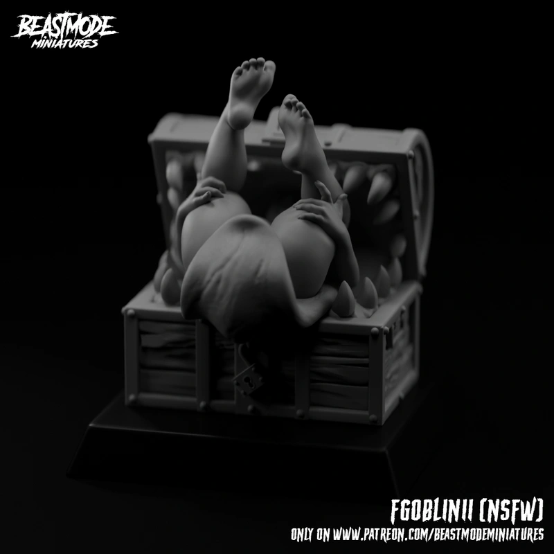 Fantasy goblin sprawled in a toothed wooden crate