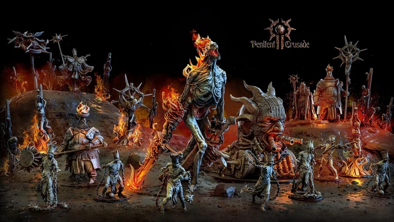 Warhammer 40,000 Penitent Crusade figures on a burning battlefield