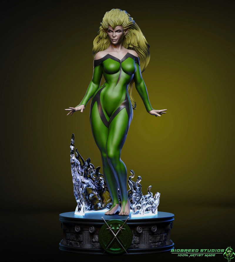 Marvel Meggan 3D character statue in a green-and-black costume on a sculpted pedestal base