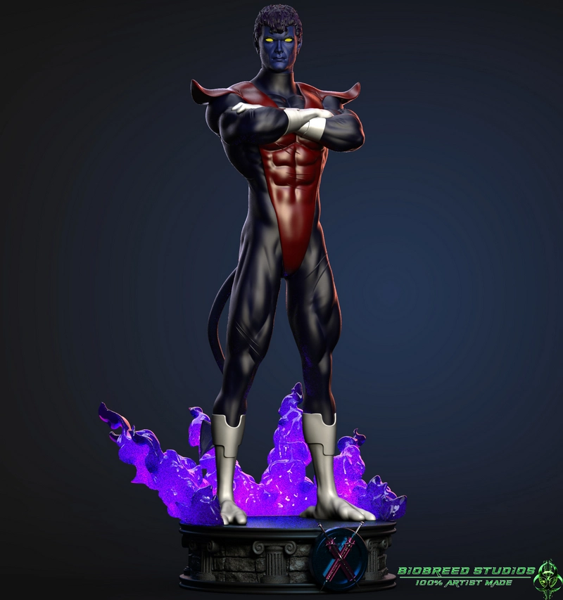 Marvel Nightcrawler statue with crossed arms, tail, and purple flames