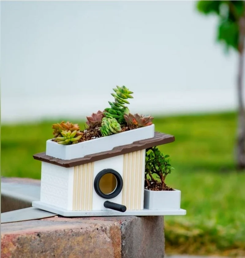 Modern white birdhouse with succulent planter and circular entrance