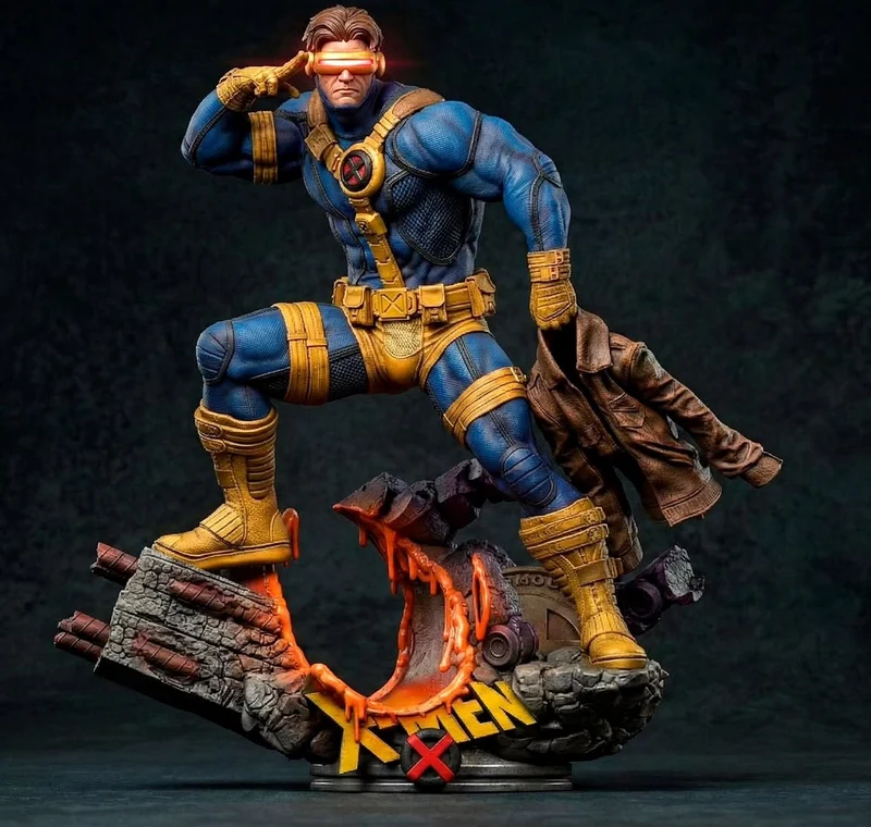 Cyclops Marvel statue in an X-Men uniform with visor beam and rocky base