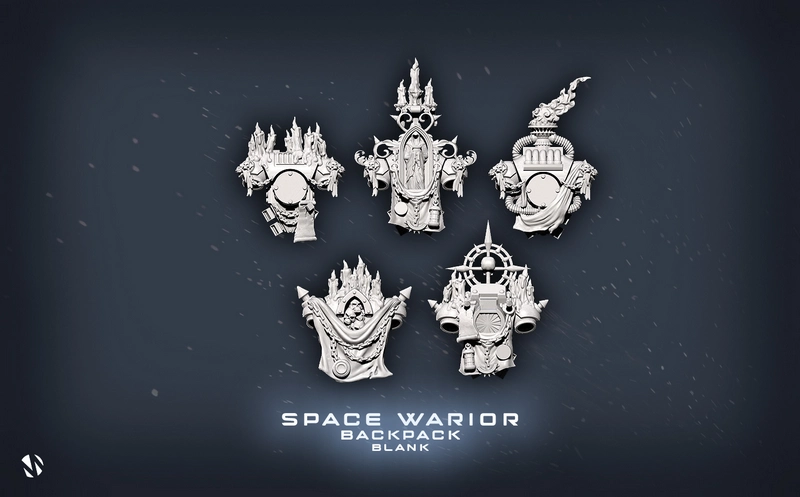 Five ornate Black Templar backpack and power pack designs for miniature characters