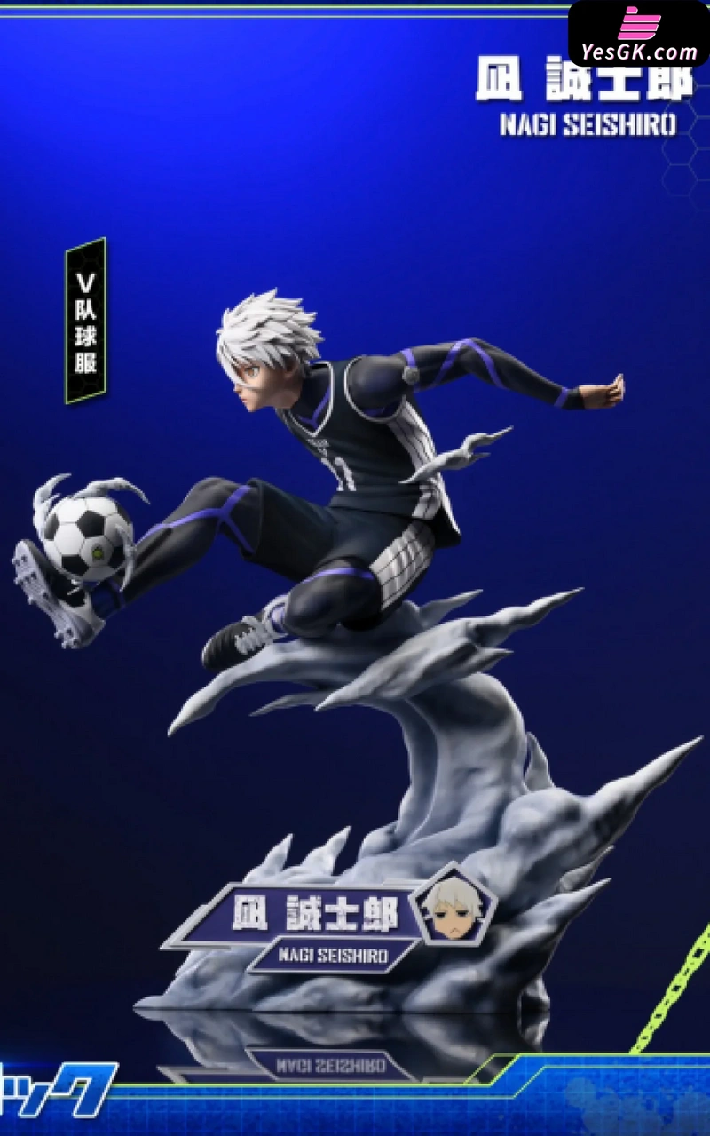 Seishiro Nagi from Blue Lock kicking a soccer ball on a sculpted wave base