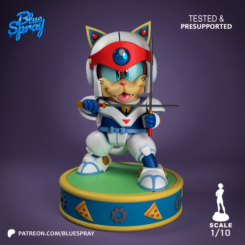 Yattarou Samurai Pizza Cats cat samurai figure with swords on a display base