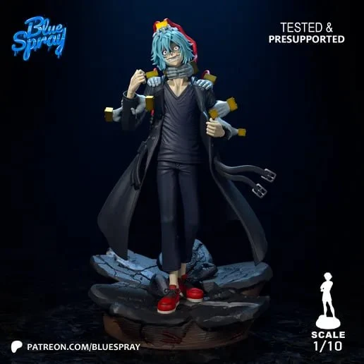 Tomura Shigaraki anime character sculpture with pale blue hair and black coat