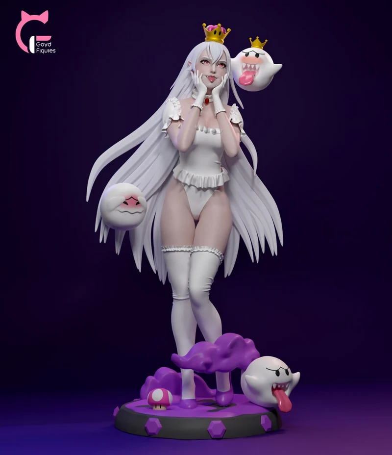 Boosette fan art figure with a crown, white hair, Boo companions, and a display base
