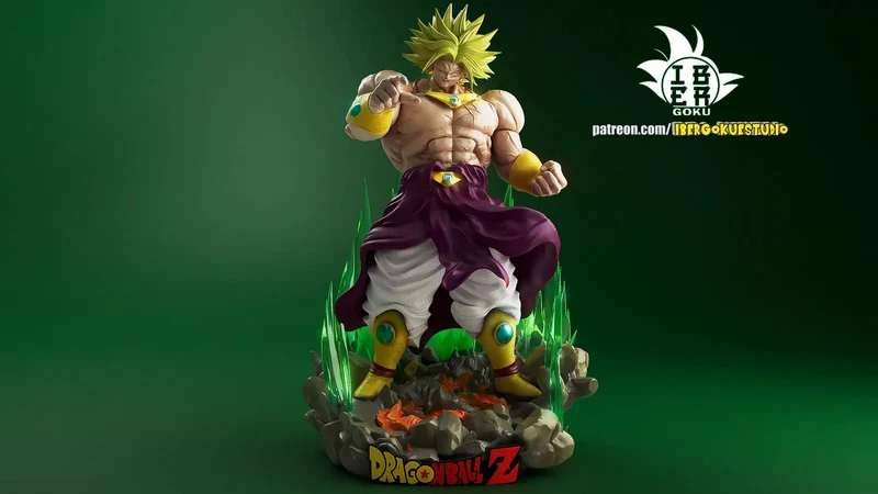 Broly Dragon Ball Z fan art statue with green energy and rocky base