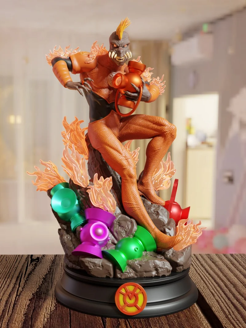 Larfleeze DC Comics figure with orange costume, flames, lanterns, and rocky display base