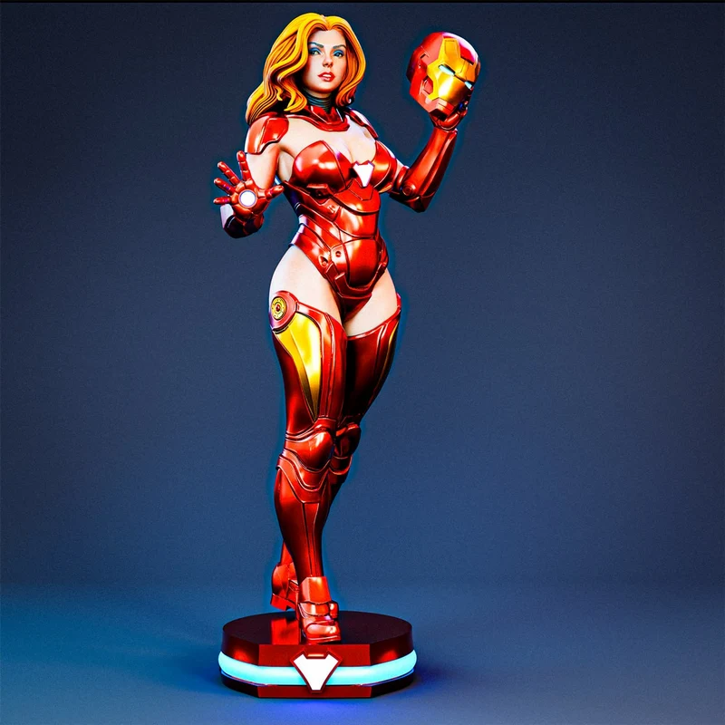 Pepper Potts in red-and-gold armor holding an Iron Man helmet on a display base